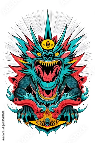 illustration cool looking  skateboard art, monster, skateboarder, skateboarding, suitable for apparel designs, psychedelic, fantasy, creature, fun, vibrant, edgy, bold, creative, unique, dynamic