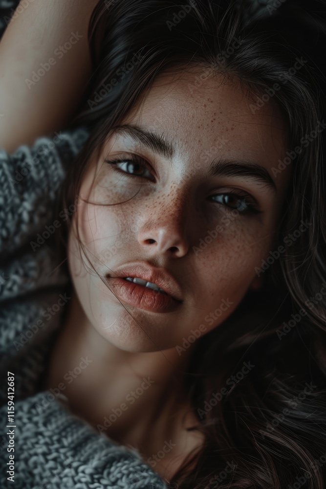 Portrait of a young woman with flawless skin, smiling warmly. She has dark eyes and lips with subtle pink lipstick. Portrait of a young woman with flawless skin, smiling warmly. She has dark eyes and lips with subtle pink lipstick.