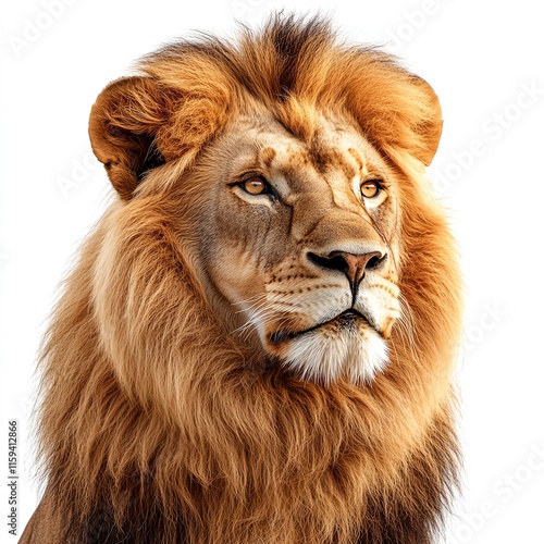 Majestic lion portrait showcasing its powerful features and vibrant mane against a clean, white background. photo