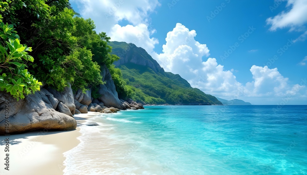 A pristine, white sand beach meets crystal clear turquoise water with a lush island and blue skies in the distance. Lush tropical vegetation covers a pristine white sand beach. Tropical local island A pristine, white sand beach meets crystal clear turquoise water with a lush island and blue skies in the distance. Lush tropical vegetation covers a pristine white sand beach. Tropical local island