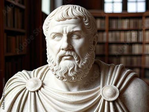 marble bust of the philosopher Plato, beautifully illuminated by soft, natural light coming from the side photo