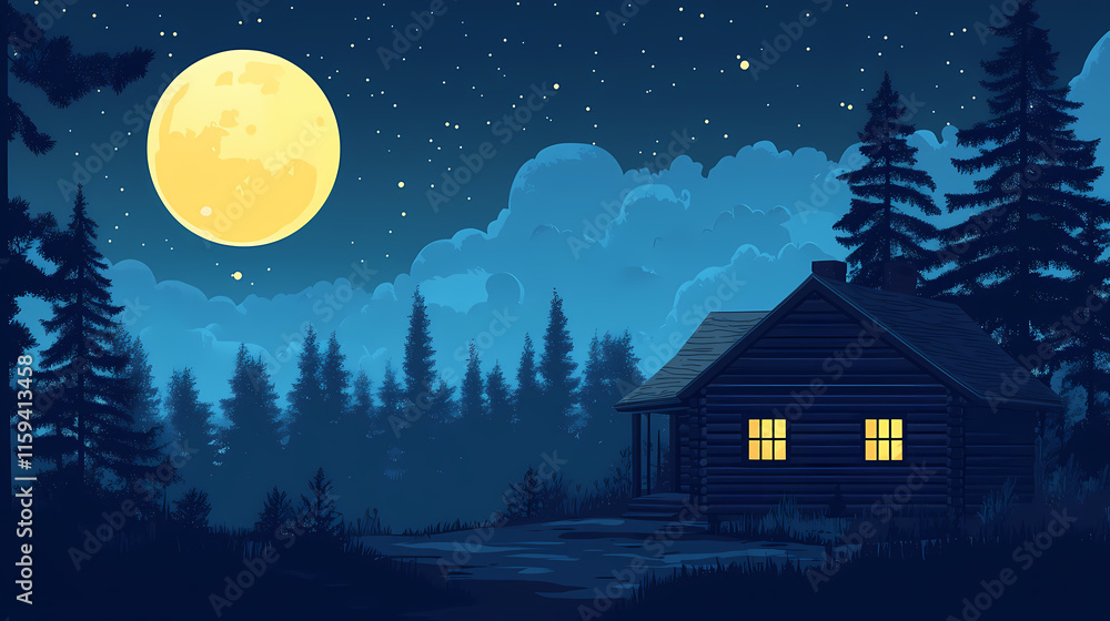 Naklejka premium Rustic cabin in the woods with cloudy moonlit night sky. Moonlit. Illustration