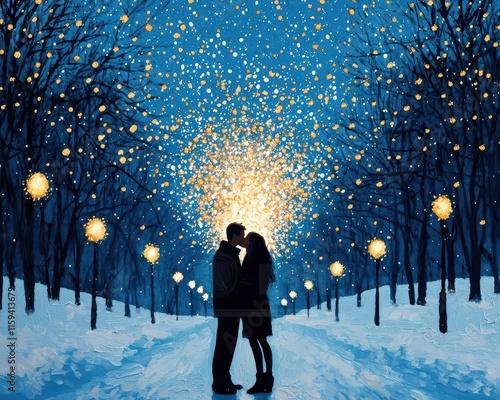 Vibrant acrylic of a romantic couple sharing a midnight kiss under golden fireworks in a snowy park