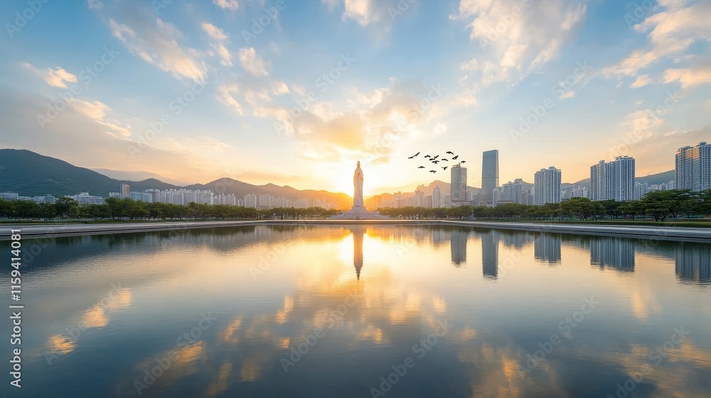 Fototapeta premium Serene Sunset Over City Skyline and Calm Waterfront with Reflections of Buildings and Nature in Tranquil Atmosphere Emphasizing Harmony and Beauty