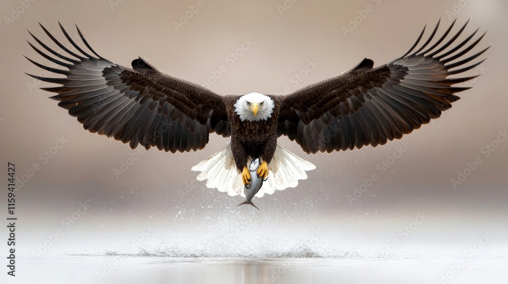 Obraz premium Majestic Bald Eagle in Flight with Outstretched Wings Capturing Fish from Water, Symbol of Power and Freedom in Stunning Detail and Clarity