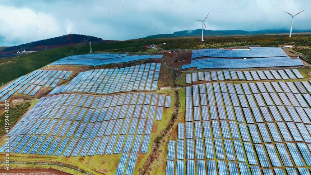 Solar panel and wind turbines on the island of Madeira, energy ...