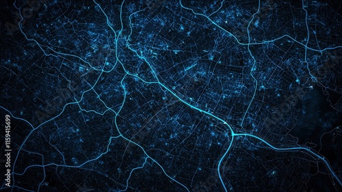 Geospatial Data Analytics concept. Abstract image of a dark city map illuminated by blue lights, suggesting a digital or futuristic urban landscape.