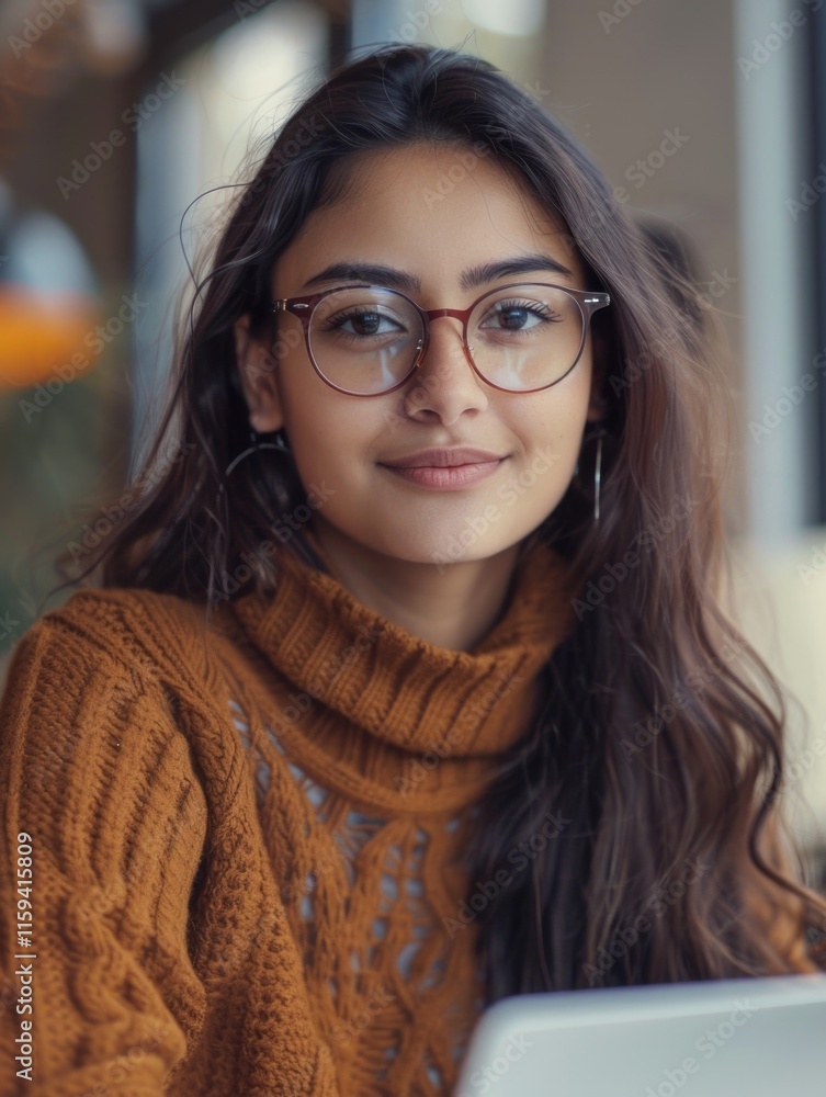 Brown-haired girl focused on screen, wearing glasses and peach sweater Brown-haired girl focused on screen, wearing glasses and peach sweater