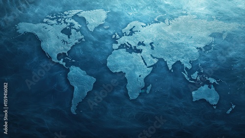 Geospatial Data Analytics concept. World map textured in blue tones, resembling underwater scenery.