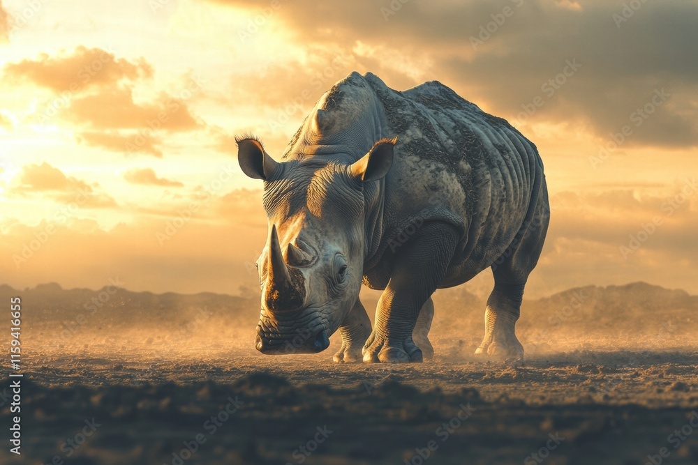 Fototapeta premium Rhino exploring a barren savanna at sunset with a serene atmosphere and ample space for text. Generative AI
