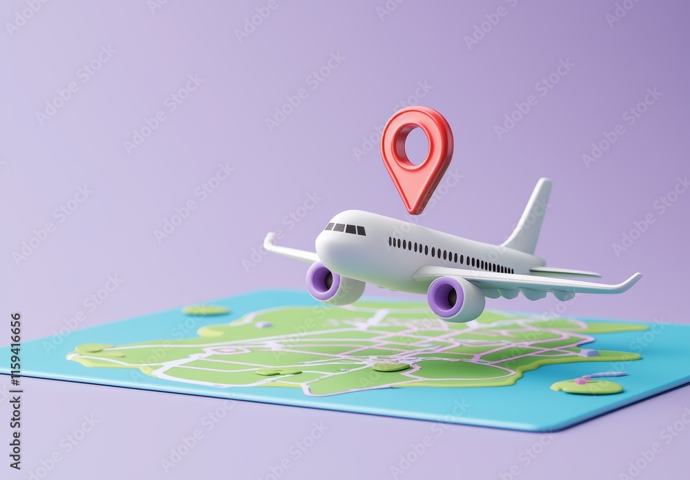A 3D World Map icon featuring a pin and an airplane, symbolizing travel. A GPS navigator pin marks various locations. 3D rendered illustration. A 3D World Map icon featuring a pin and an airplane, symbolizing travel. A GPS navigator pin marks various locations. 3D rendered illustration.