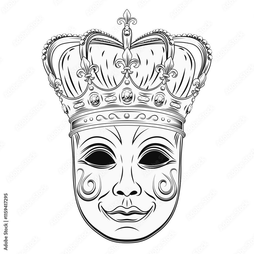 Naklejka premium Carnival venetian face mask with imperial crown with gemstones, pearls, fleur de lis sign on points. Detailed illustration in vintage style. Front view.