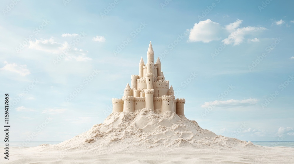 Magnificent Sand Castle with Turrets and Towers on Beach Beneath Clear Blue Sky, Ideal for Summer Vacation and Coastal Adventure Themes Magnificent Sand Castle with Turrets and Towers on Beach Beneath Clear Blue Sky, Ideal for Summer Vacation and Coastal Adventure Themes