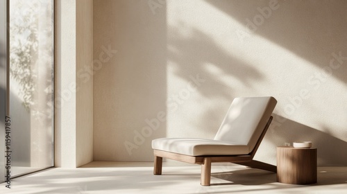 Modern minimalist sunlit room with minimal furniture. Featuring a clean, open design with contemporary lines