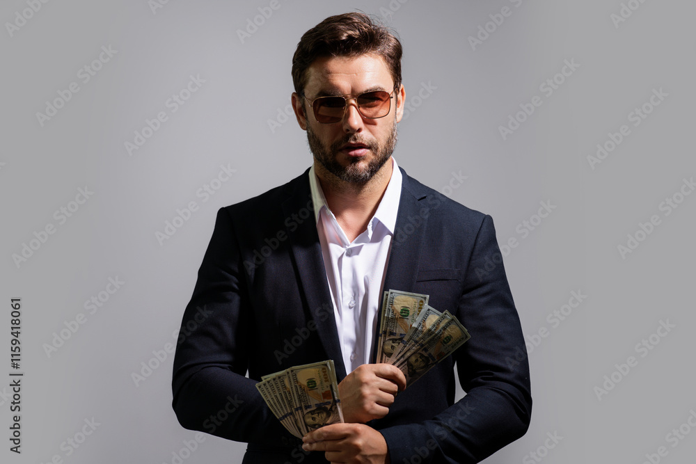 Business man with money banknotes. Male entrepreneur with dollar bills. Lucky boss, insurance agent, manager. Freelancer with cash. Mock up, for white banner with copy space. Business man with money banknotes. Male entrepreneur with dollar bills. Lucky boss, insurance agent, manager. Freelancer with cash. Mock up, for white banner with copy space.