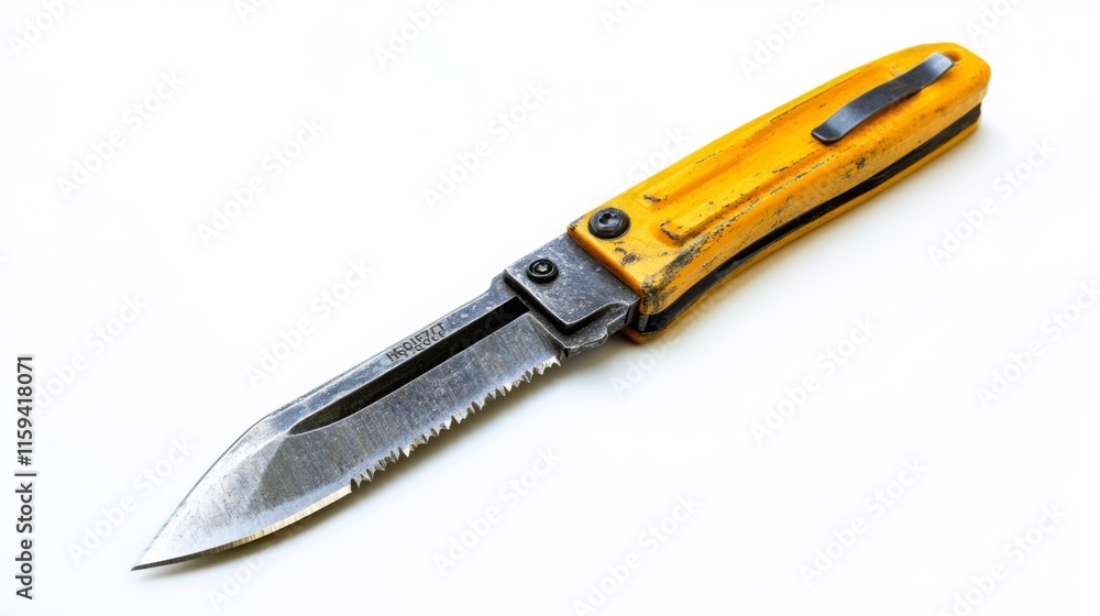 A detailed view of a vibrant yellow folding knife showcasing its sharp blades and sturdy design. Ideal for outdoor adventures or daily tasks. Generative AI A detailed view of a vibrant yellow folding knife showcasing its sharp blades and sturdy design. Ideal for outdoor adventures or daily tasks. Generative AI