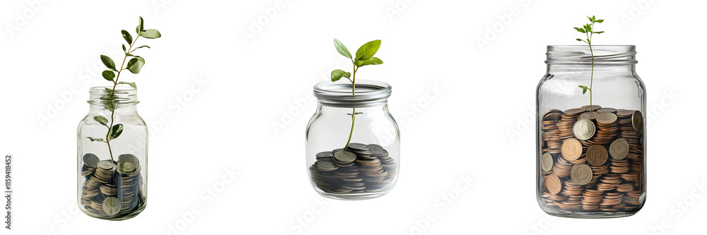 A Set of Transparent Glass Jars Filled with Coins and Sprouting Plants Signifying Prosperity and Growth Isolated on Transparent Background A Set of Transparent Glass Jars Filled with Coins and Sprouting Plants Signifying Prosperity and Growth Isolated on Transparent Background