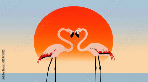 Flamingo in love in Valentine concept. Flamingos forming a heart shape with their necks, romantic sunset background, flat design illustration