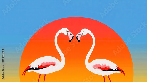 Flamingo in love in Valentine concept. Flamingos forming a heart shape with their necks, romantic sunset background, flat design illustration