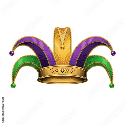 Jester tomfool hat. Design element for harlequin, clown costume, dress. Mardi Gras tradition colors. Detailed illustration in vintage style.