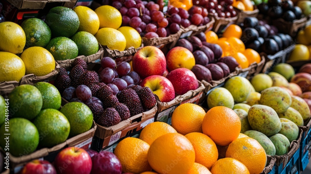 Assorted fresh fruits arranged in a vibrant market stall Assorted fresh fruits arranged in a vibrant market stall