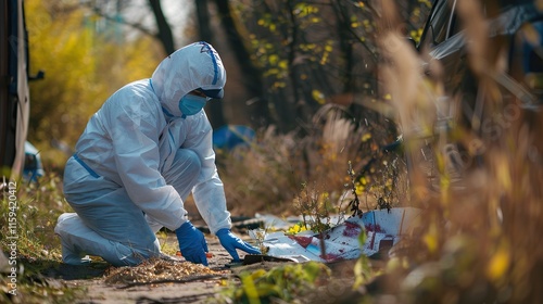 Male criminologist wearing protective suit, gloves and face mask is working at a crime scene