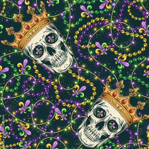 Carnival Mardi Gras themed pattern with skull in crown, interlaced strings of beads, festive garland like sparkler, scattered Fleur de Lis symbol. Detailed Vintage style. For holiday, party design