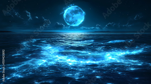 Mesmerizing display of bioluminescent plankton in moonlit ocean , bioluminescent, plankton, moonlit, ocean. moonlit ocean. illustration. Moonlit. Illustration photo