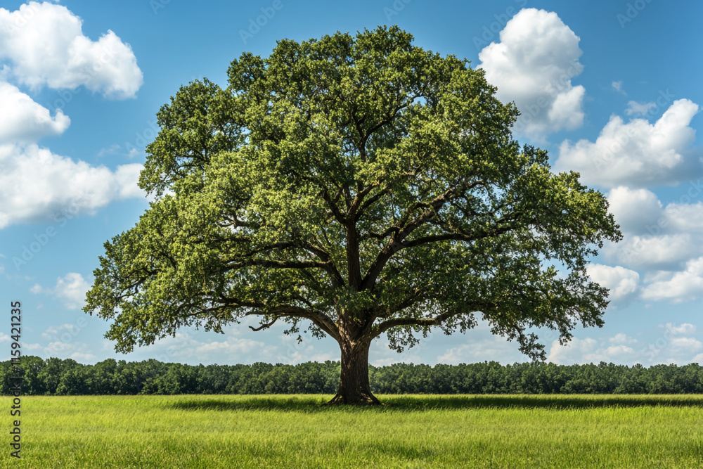 A large tree stands alone in a huge field with a clear blue sky above it. A large tree stands alone in a huge field with a clear blue sky above it.