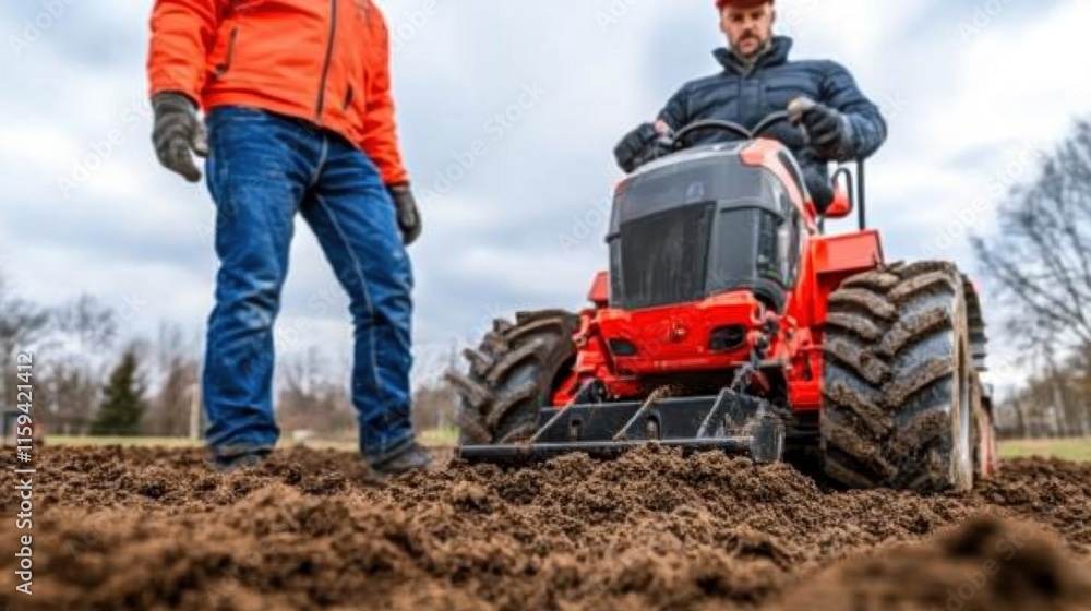 A farmer operating a compact tractor plows the soil preparing for planting season. The cloudy sky indicates an overcast day, emphasizing the hard work required for agriculture. A farmer operating a compact tractor plows the soil preparing for planting season. The cloudy sky indicates an overcast day, emphasizing the hard work required for agriculture.