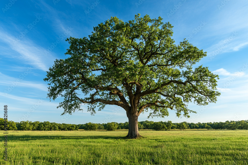 Obraz premium A large tree stands alone in a huge field with a clear blue sky above it. 