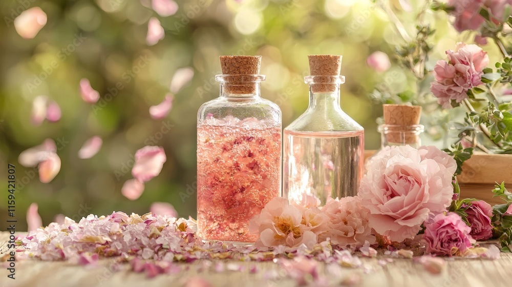 Elegant perfume bottles surrounded by blooming flowers Elegant perfume bottles surrounded by blooming flowers