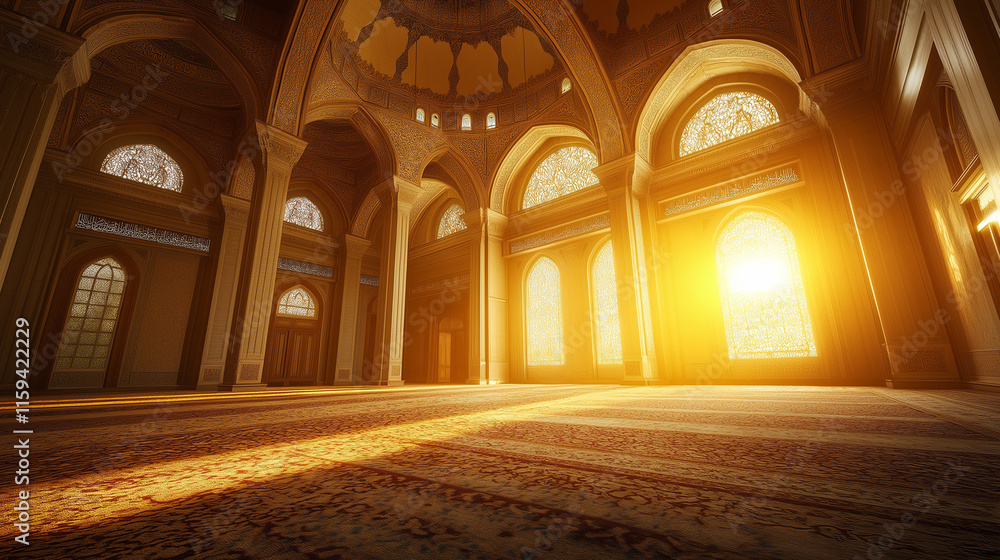 Obraz premium 3D rendered interior of a majestic mosque, Islamic background.