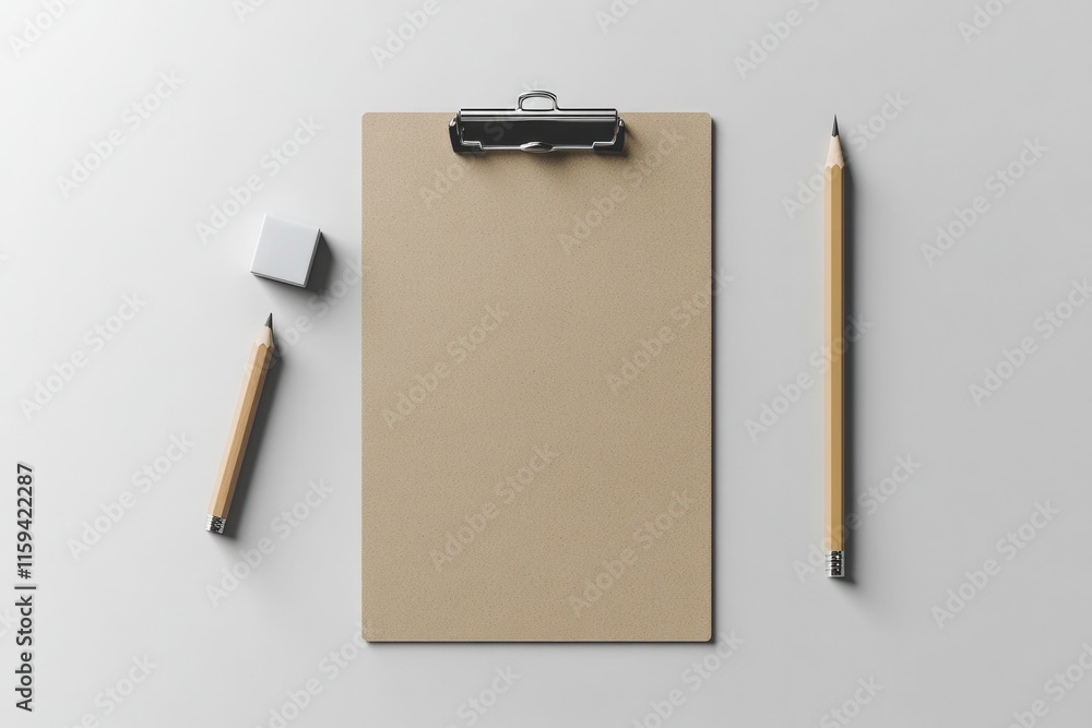 Blank clipboard on clean surface, surrounded by pencil and erase Blank clipboard on clean surface, surrounded by pencil and erase