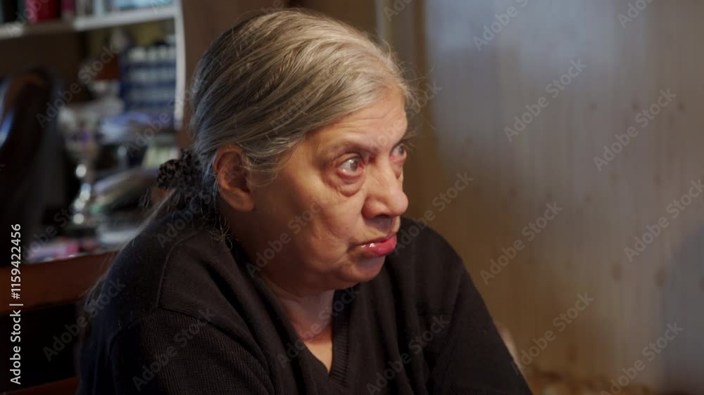 Sixty-five-year-old elderly woman is engaged in lively conversation while sitting at table in living room. Gray-haired woman emotionally tells something to her interlocutor. Sixty-five-year-old elderly woman is engaged in lively conversation while sitting at table in living room. Gray-haired woman emotionally tells something to her interlocutor.