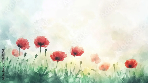 Red poppies in watercolor field with soft pastel hues
