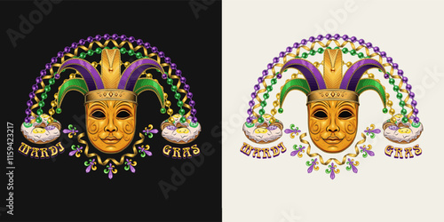 Rainbow label made with bead strings, Fleur de Lis sign, carnival golden venetian face mask in jester tomfool hat. Design element with text for Mardi Gras decoration.