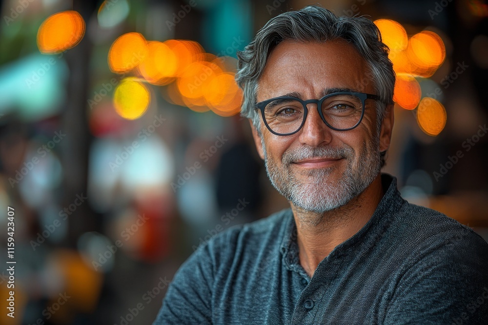 A cheerful elderly man with glasses in an urban setting. A cheerful elderly man with glasses in an urban setting.