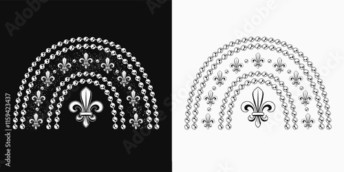 Rainbow made with bead strings, Fleur de Lis sign. Black and white design element for Mardi Gras decoration.