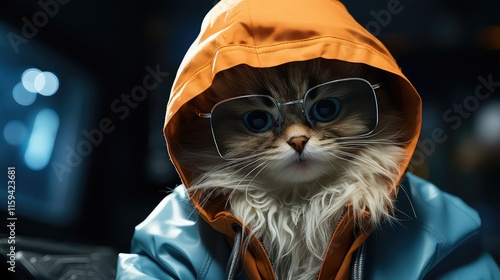 Stylish Cat Wearing Glasses and Orange Hoodie, Fashionable Pet photo