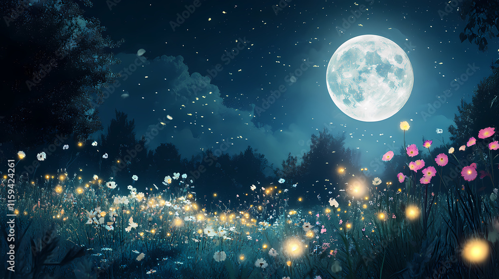 Fototapeta premium Enchanting night scene with a full moon, glowing fireflies, and a meadow of flowers creating a magical atmosphere in nature. Moonlit. Illustration