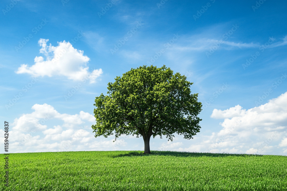 A large tree stands alone in a huge field with a clear blue sky above it. A large tree stands alone in a huge field with a clear blue sky above it.