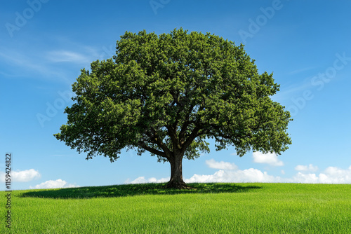 A large tree stands alone in a huge field with a clear blue sky above it.  photo