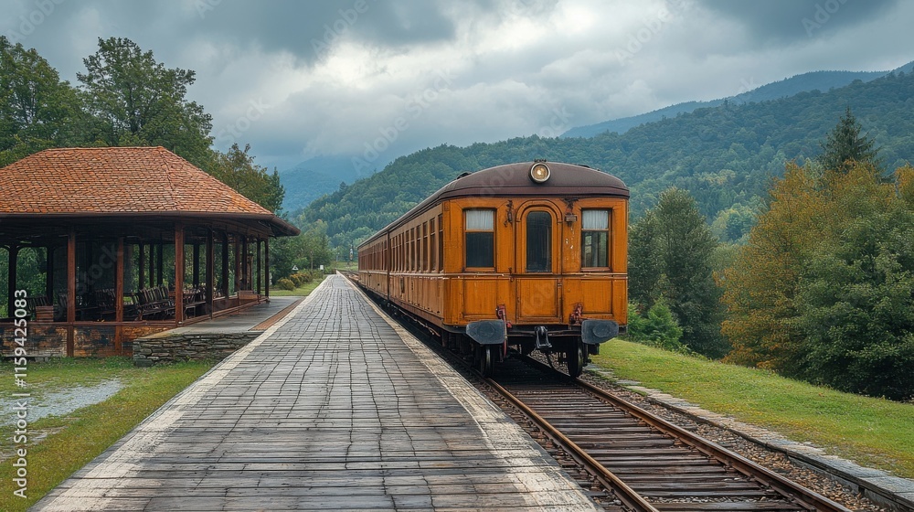 Fototapeta premium Vintage train car arrives at a rustic train station nestled in a mountain valley. The autumnal colors of the surrounding landscape create a scenic backdrop.