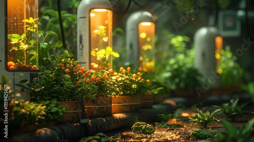 Indoor plants thrive under artificial grow lights in a futuristic setting.  A lush, vibrant scene.