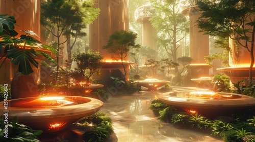 Serene futuristic garden with glowing water features and lush greenery. Tranquil and calming atmosphere.