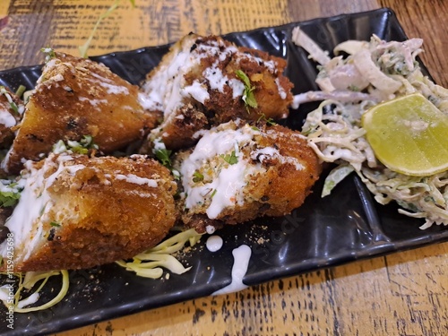 Dahi ke sholay or Dahi bread rolls closeup  photo