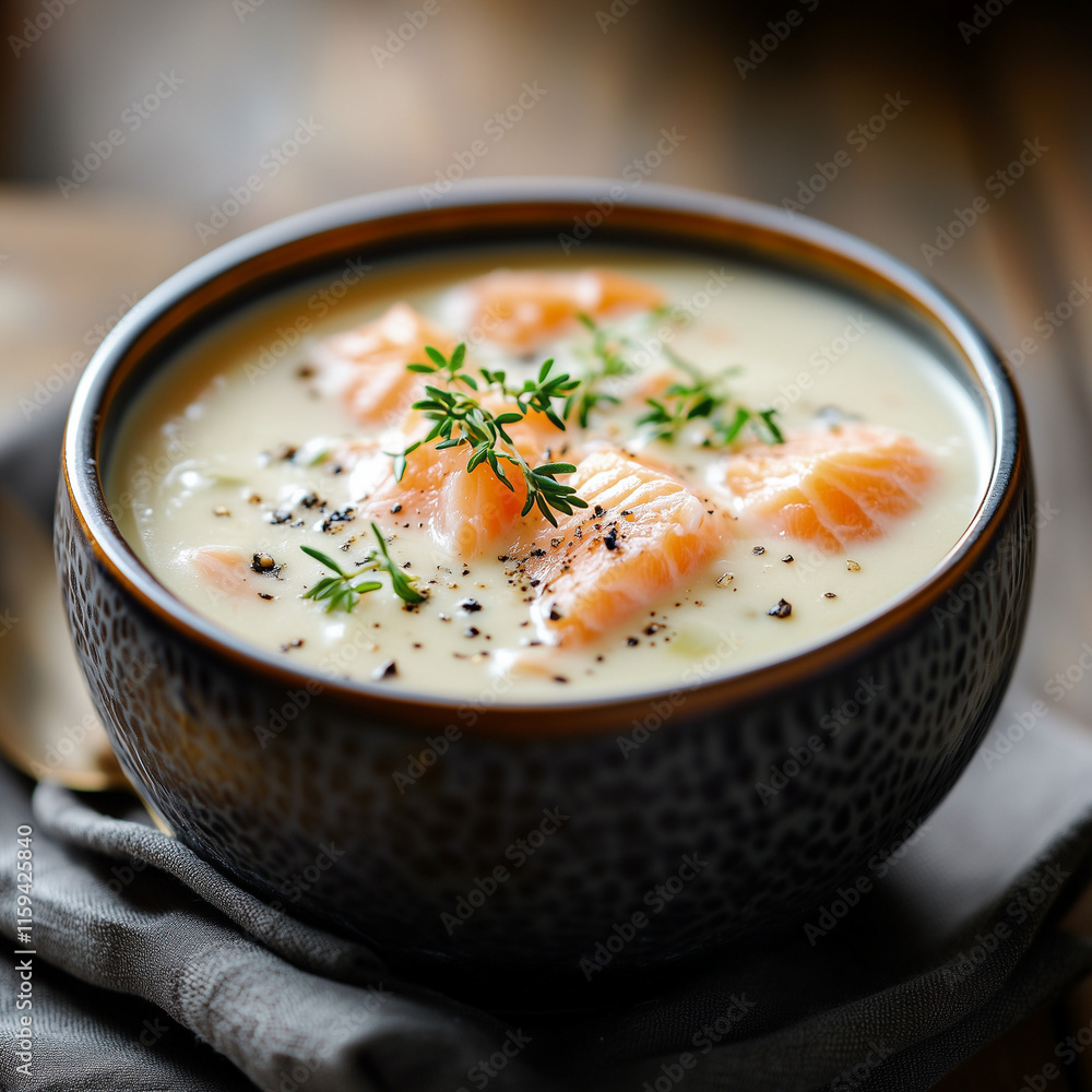 Creamy salmon soup served in a deep bowl, garnished with herbs, cozy Nordic setting Creamy salmon soup served in a deep bowl, garnished with herbs, cozy Nordic setting