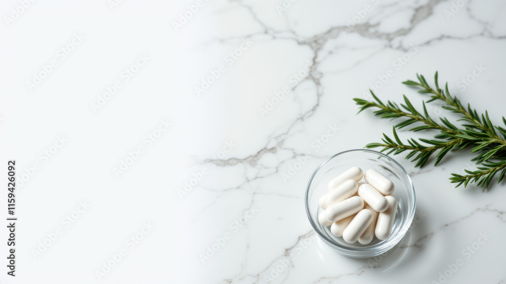 Magnesium capsules in a glass bowl on a marble surface with rosemary sprigs. Magnesium capsules in a glass bowl on a marble surface with rosemary sprigs.