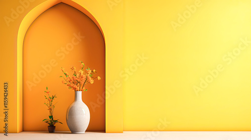 Bright yellow wall with arched Arabic window, white vase, yellow flowers, sunlight.